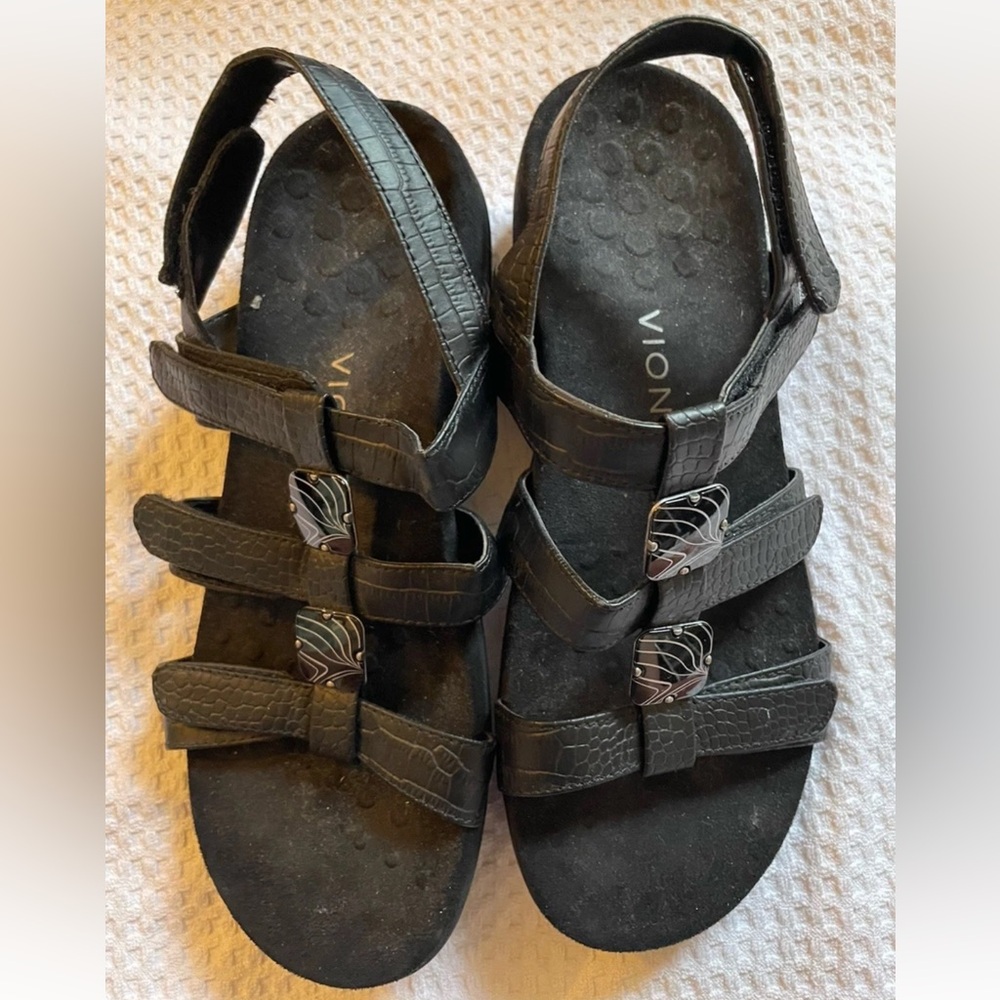 Vionic Women’s Black Strappy Sandals Hook & Loop Studded Adjustable Comfort 8